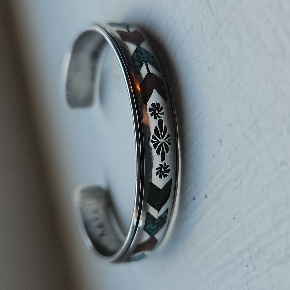 Vintage Nakai Silver Turquise and Coral Inlay Bracelet